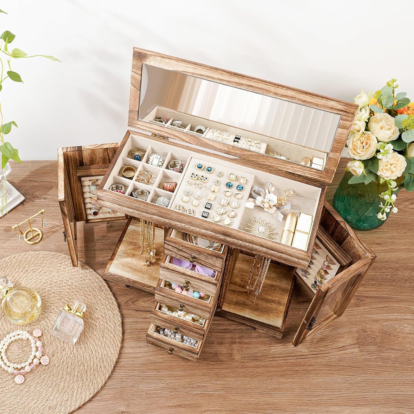 5 Layer Jewelry Storage Case Display, Rustic Wooden Jewelry Organizer Box with Mirror