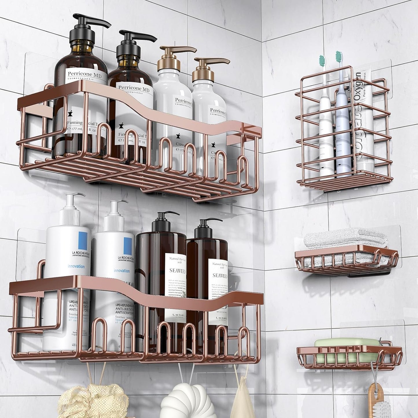 Adhesive Shower Caddy, 5 Pack Rustproof Stainless Steel Bath Organizers , No Drilling Shelves