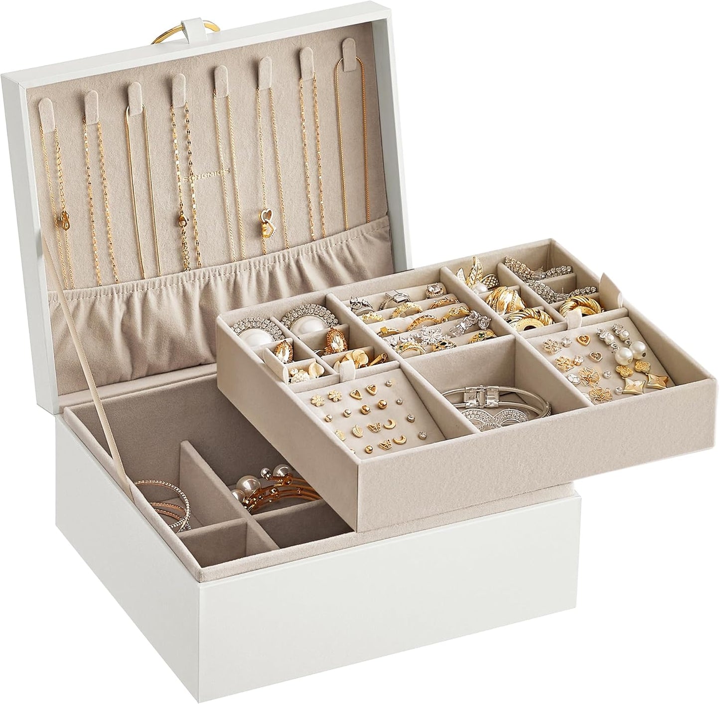 2-Layer Jewelry Box, Jewelry Organizer with Handle, Removable Jewelry Tray, Jewelry Storage, Floating Effect, White