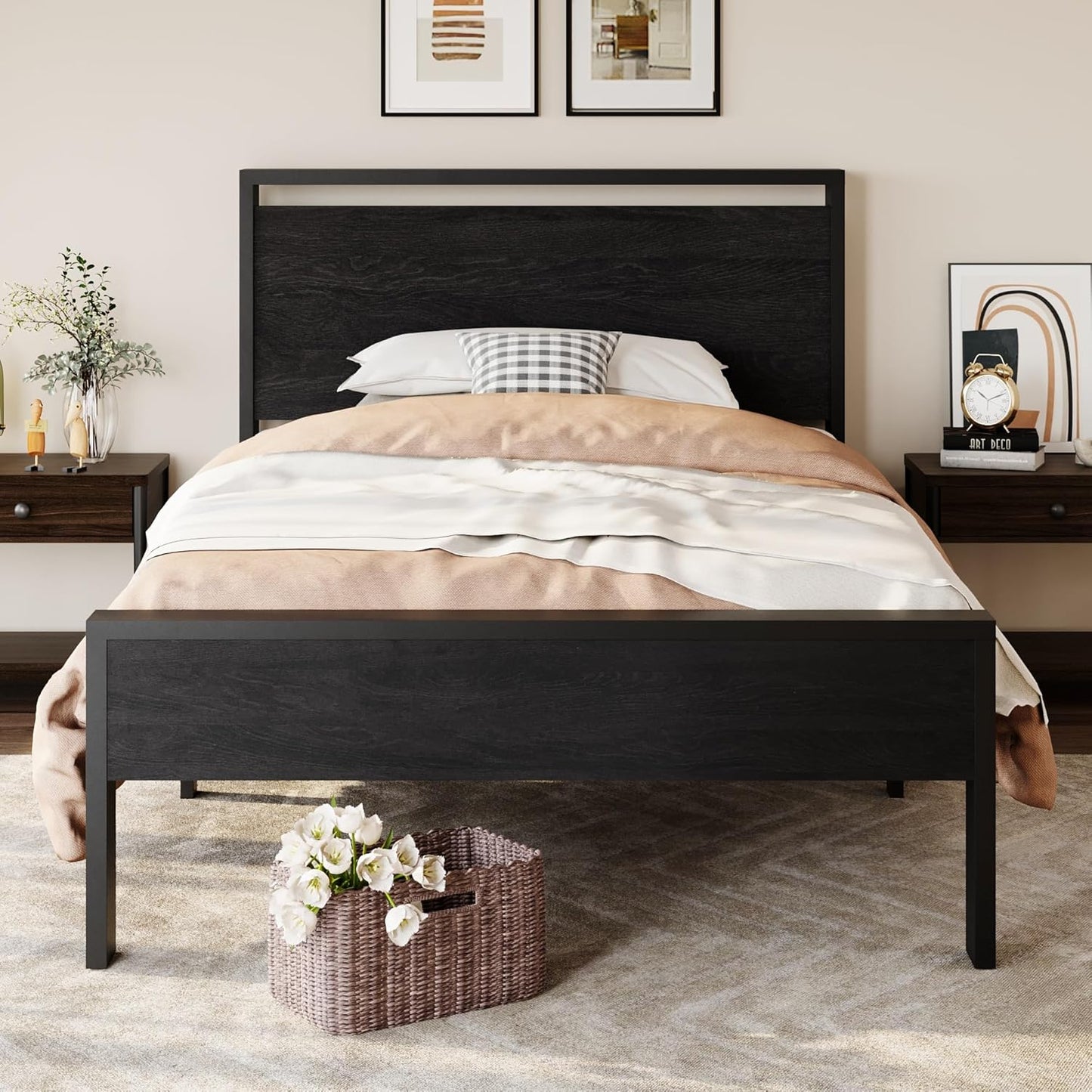 Twin Size Metal Platform Bed Frame with Wooden Headboard and Footboard, Mattress Foundation, No Box Spring Needed