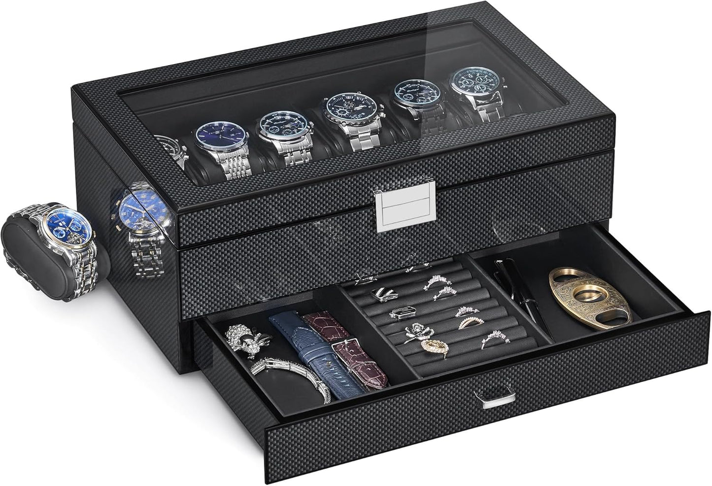 12 Slot Wooden Watch Box with Large Glass Lid, 2-Layer Watch Display Case with Drawer Watch Storage