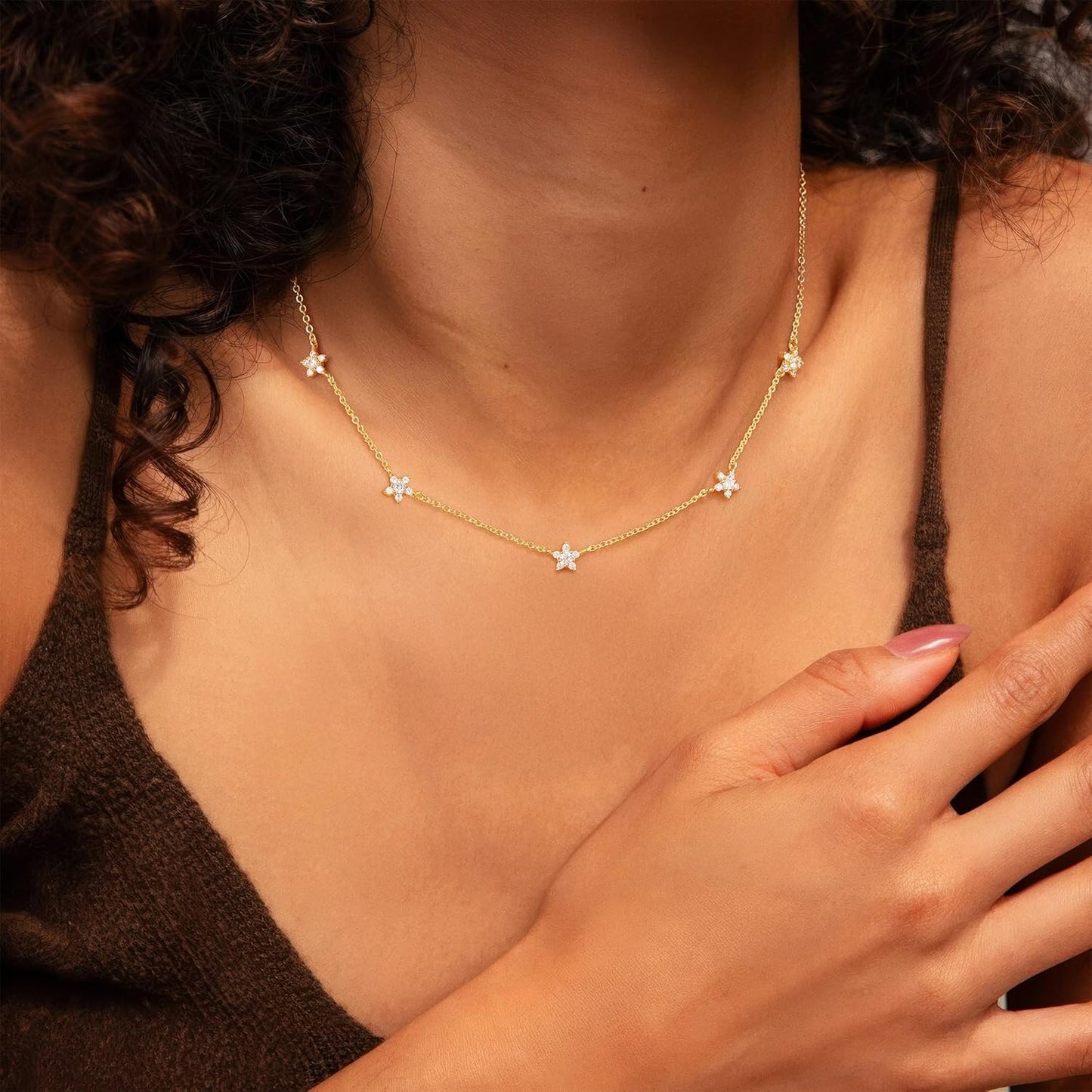 14K Gold Plated Charm Choker Necklace with Pearl & Clover, Cubic Zirconia Dainty Trendy Jewelry Gift for Women