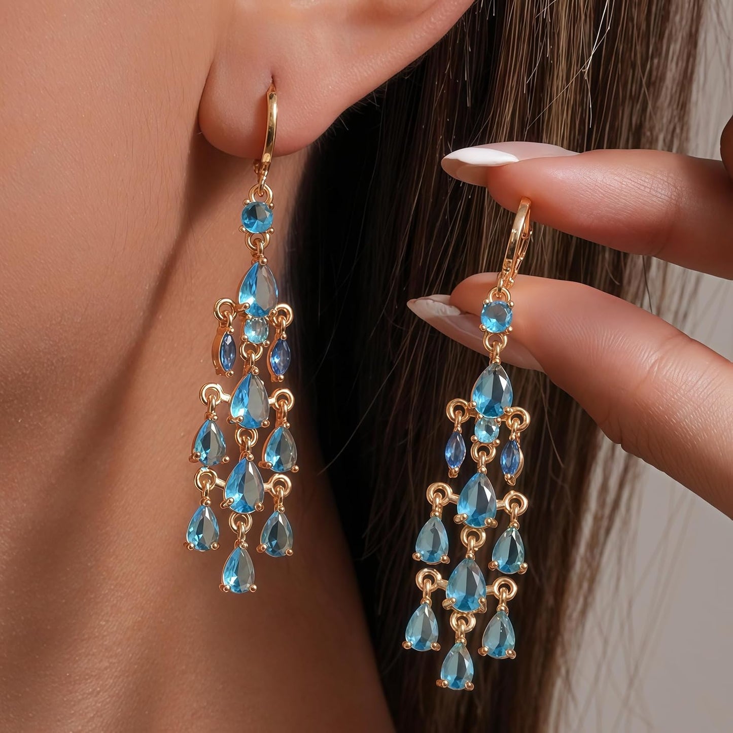 Vuskdtei18K Gold Plated Flower Dangle Earrings for Women, Hypoallergenic Cubic Zirconia Earrings, Elegant Chandelier Drop Earrings