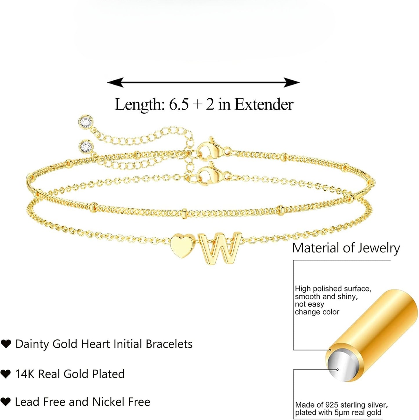 Dainty Initial Heart Gold Bracelets for Women Trendy, 14K Real Gold Letter Charm Bracelet Jewelry