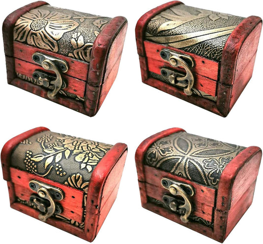 4 Styles Pattern Wooden Rings Case Box Little Treasure Chest Vintage Handmade Box with Mini Metal Lock