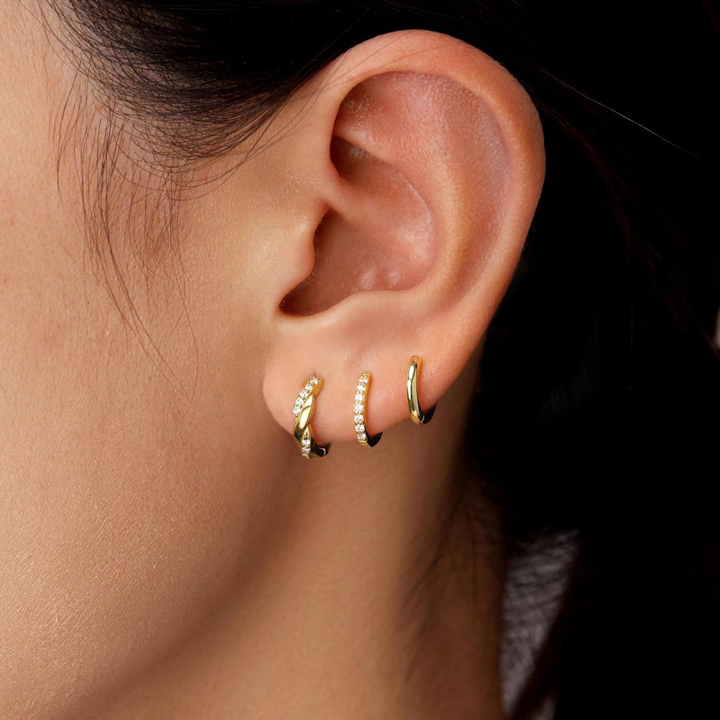 Small Sterling Silver Huggie Hoop Earrings Set for Women, 14K Gold Plated Hoops Stacks for Multiple Piercings