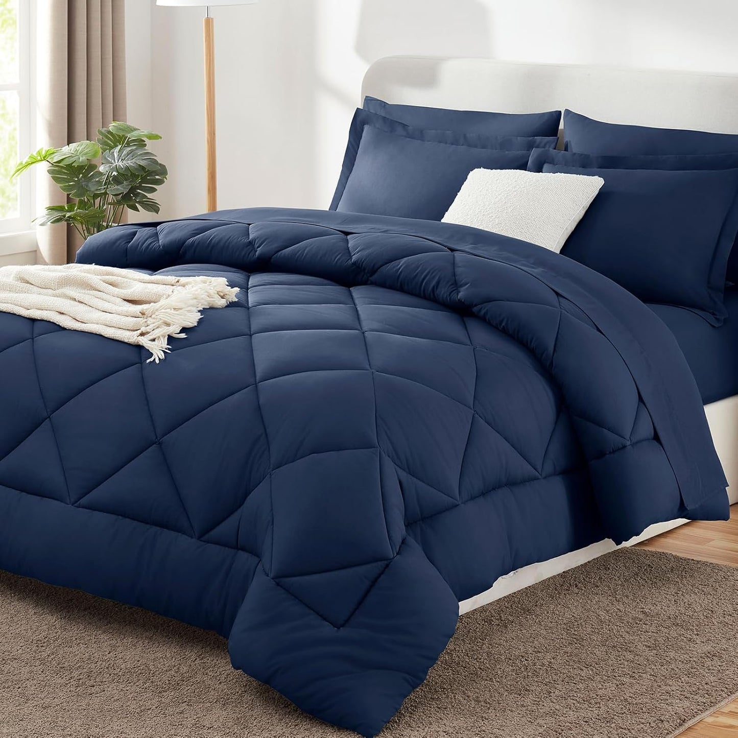 Queen Comforter Set Dark Grey - Bed in a Bag Queen Size 7 count, Luxury Soft Bed Set , Bedding Set with