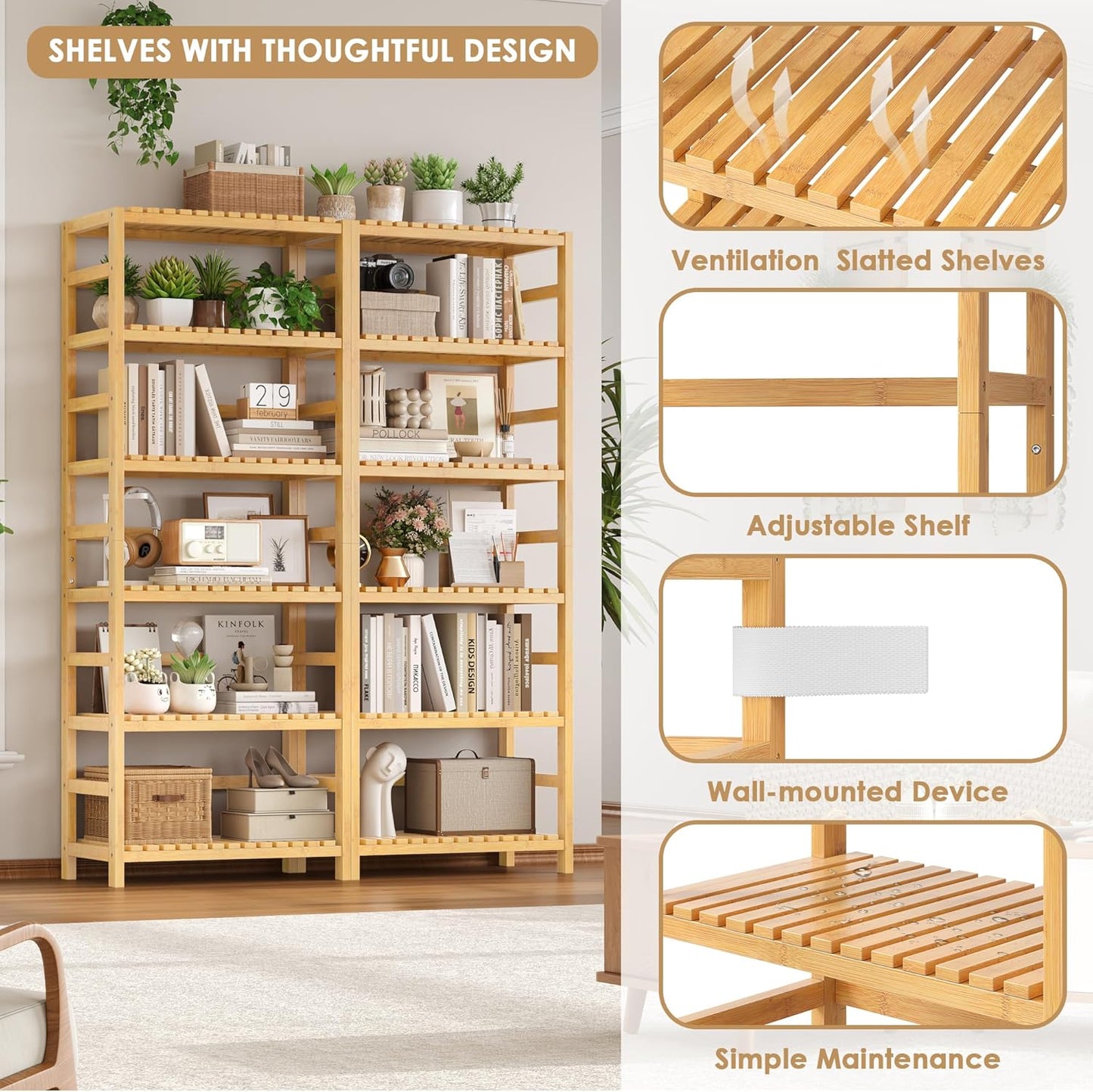 6-Tier Bamboo Shelf, Bamboo Bookcase with Adjustable Shelves, Free Standing Storage Shelf Unit