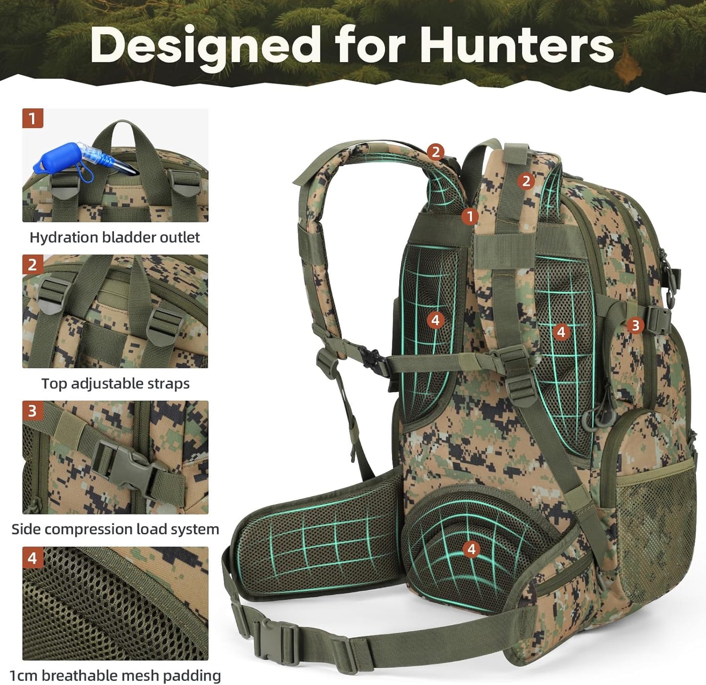 Hunting Backpack for Men Women,  with Rain Cover, Long-Lasting 35L Camo Tactical Day Pack