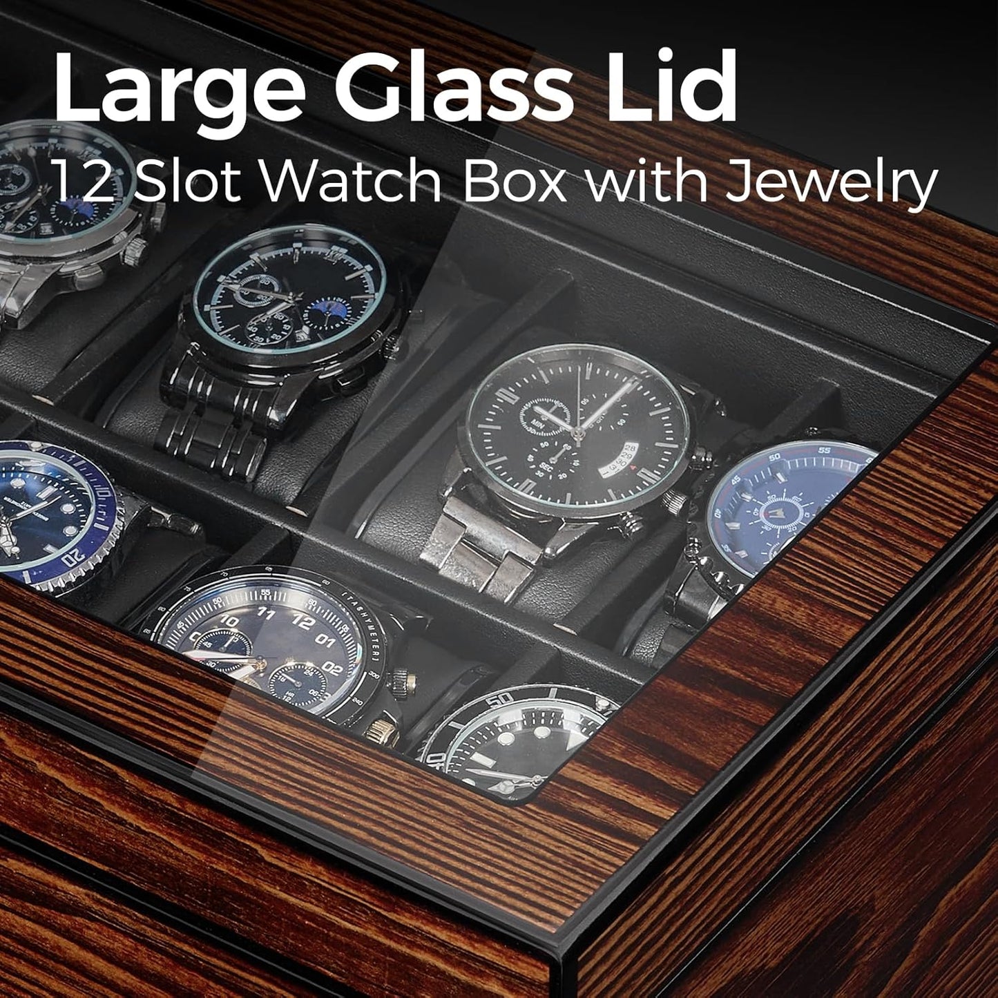 12 Slot Wooden Watch Box with Large Glass Lid, 2-Layer Watch Display Case with Drawer Watch Storage