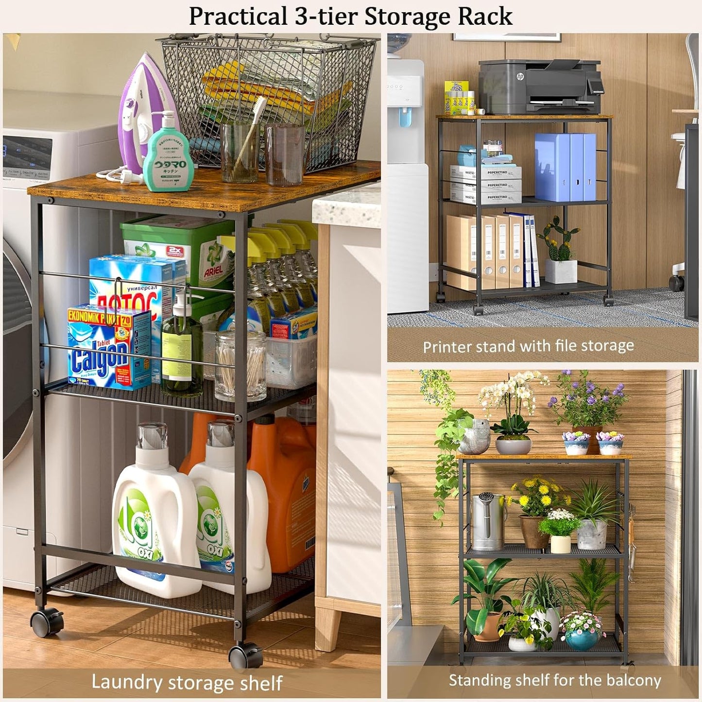 Rolling Kitchen Microwave Cart, 3 Tier Kitchen Utility Cart on Lockable Wheels