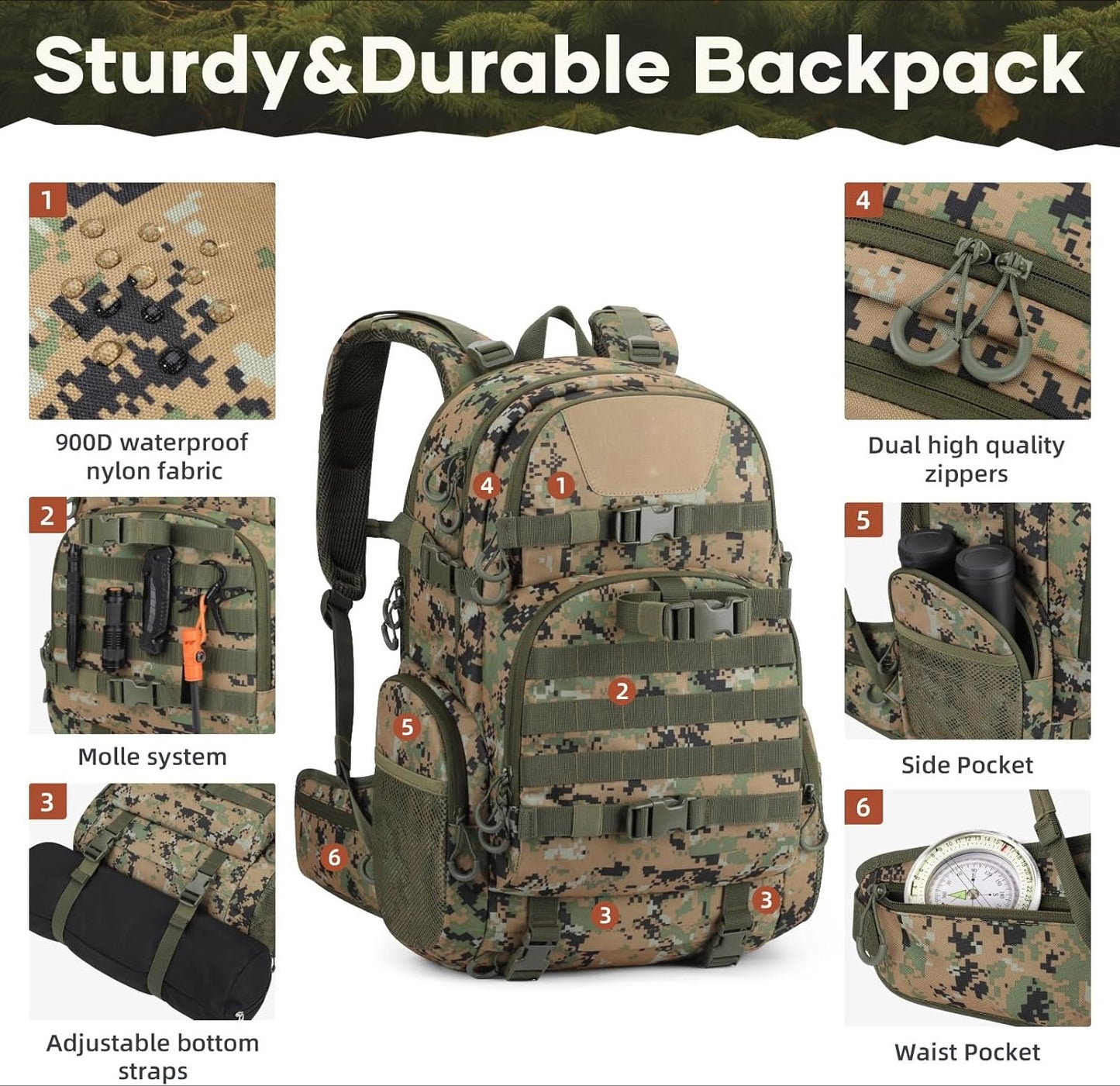 Hunting Backpack for Men Women,  with Rain Cover, Long-Lasting 35L Camo Tactical Day Pack
