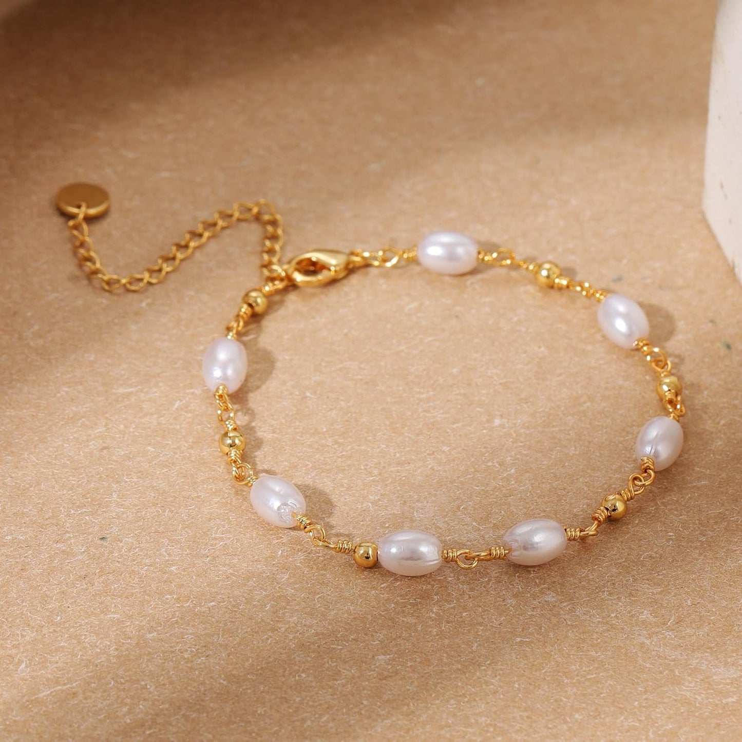 Gold Bracelets for Women Trendy, 14K Real Gold Plated Dainty Stackable Pearl Snake Chain CZ Heart Pendant Bracelets Adjustable 6"+2"