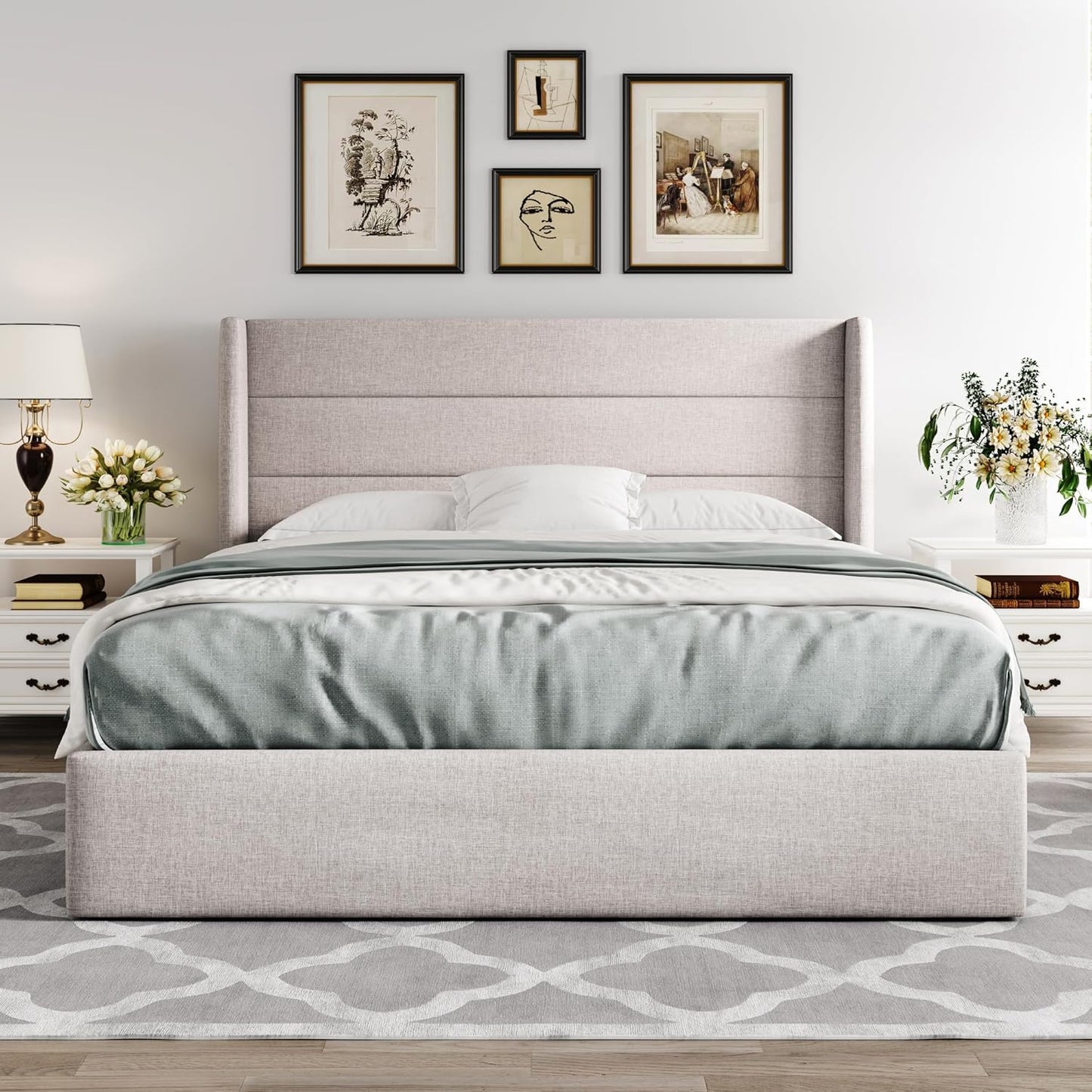 Full Size Lift Up Storage Bed, Modern Wingback Headboard, Hydraulic Support, No Box Spring Needed