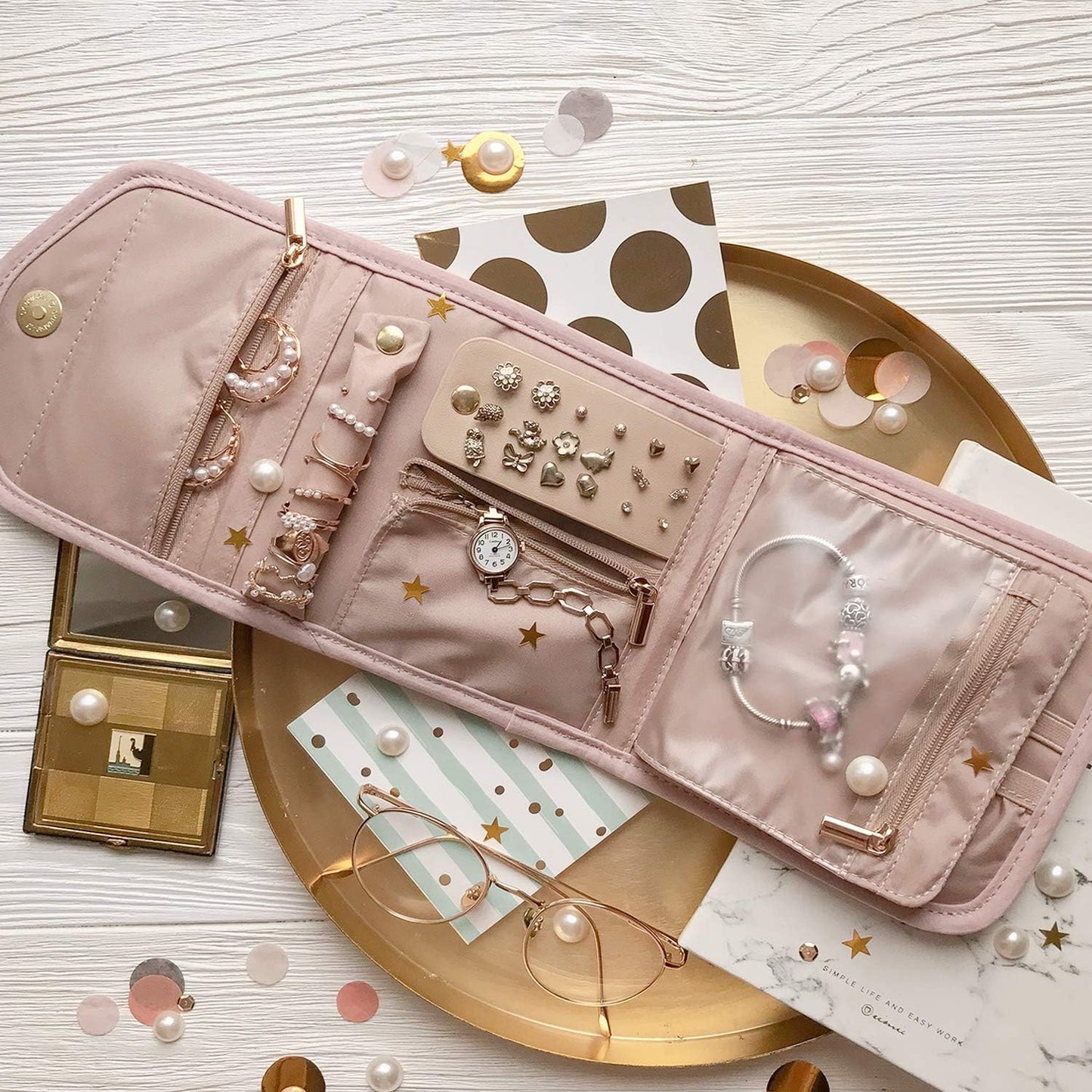 Travel Jewelry Organizer Case Foldable Small Jewelry Roll for Journey Rings, Necklaces, Earrings, Bracelets,Mini