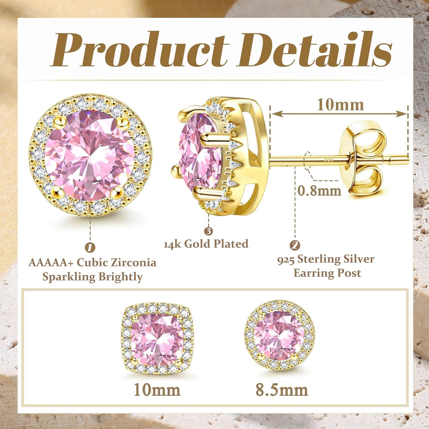 Hayoso 18K Gold Plated Halo Stud Earrings 925 Sterling Silver Cubic Zirconia Stud Earrings Round Square Diamonique Stud