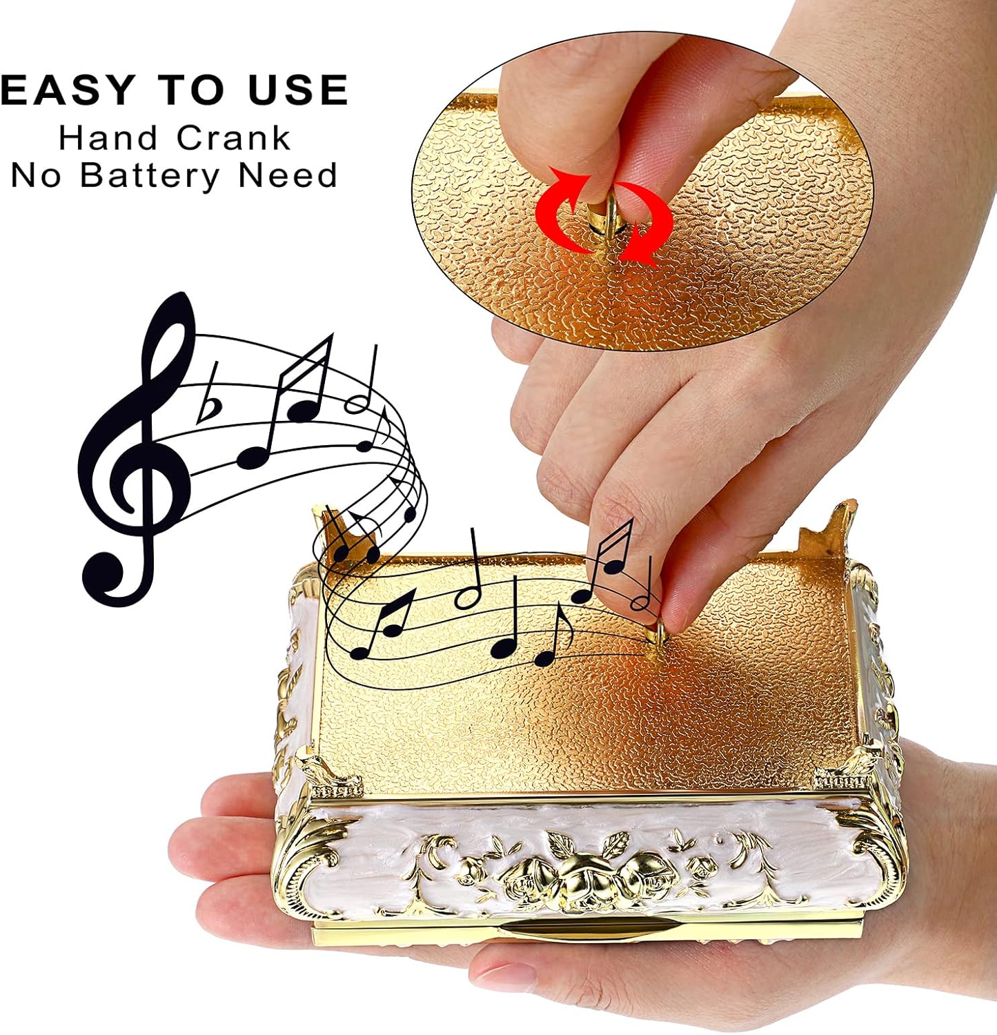 Vintage Music Box, Beige Metal Musical Jewelry Box Keepsake Box, Small Trinket Jewelry Storage Box