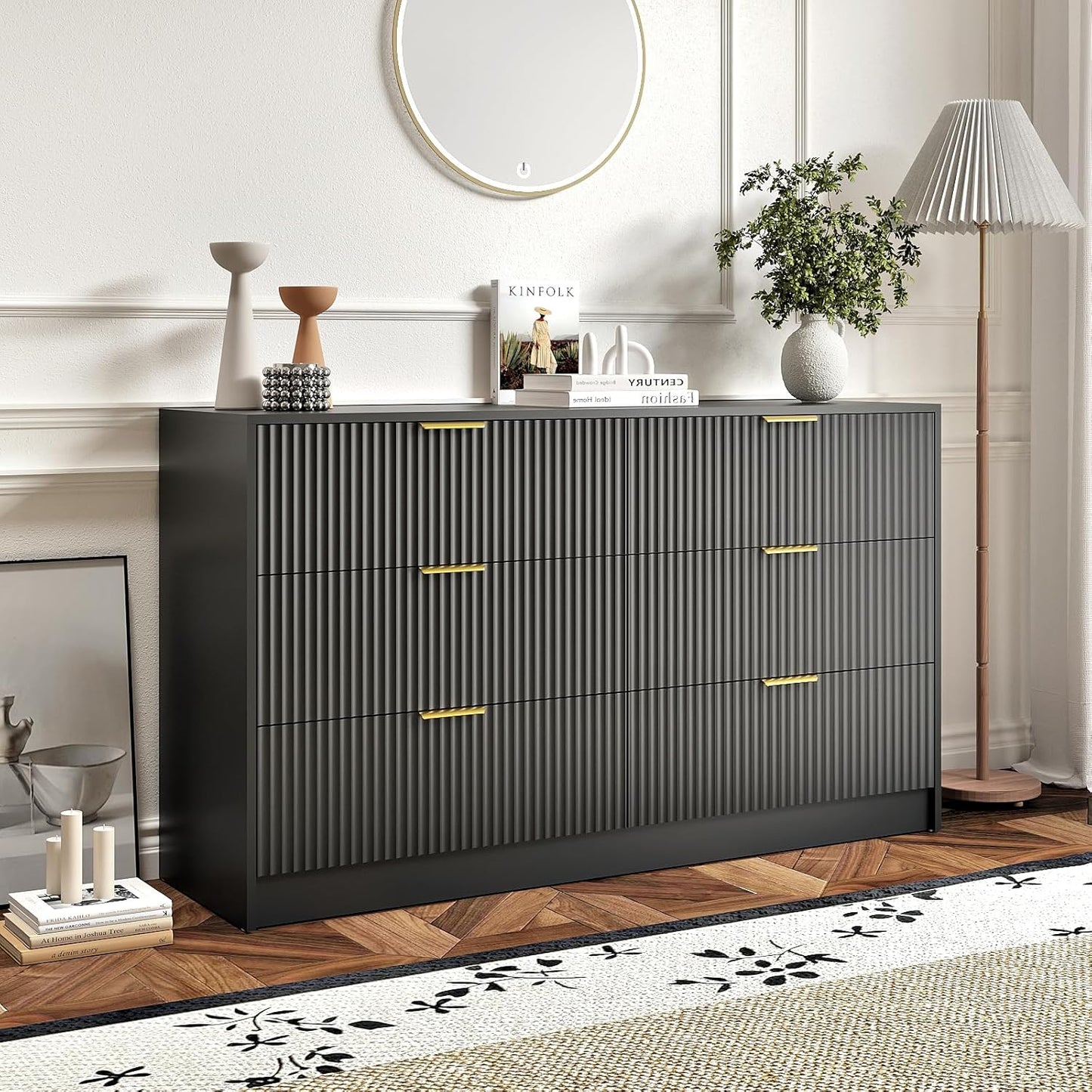 3-Piece Modern Bedroom Furniture SetWide 6-Drawer Dresser & 2-Drawer Nightstands Setof 2, Natural Wood Dresser and Nightstand Sets forBedroom, Hallway, Black