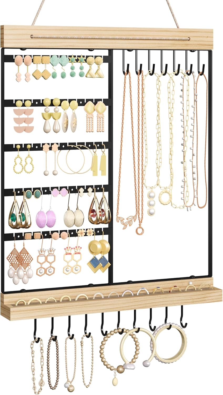 Hanging Jewelry Organizer, 5-Tier Wall Earring Holder with Wooden Ring Groove, Jewelry Rack Wall Mounted