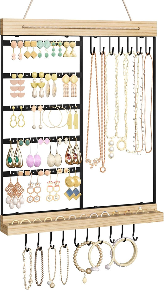 Hanging Jewelry Organizer, 5-Tier Wall Earring Holder with Wooden Ring Groove, Jewelry Rack Wall Mounted
