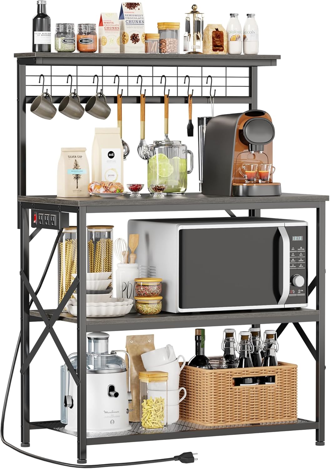 Coffee Bar Station with a 31.5 Inch Larger Desktop and 8 S Hooks,Kitchen Microwave Rack for Spices,Pots