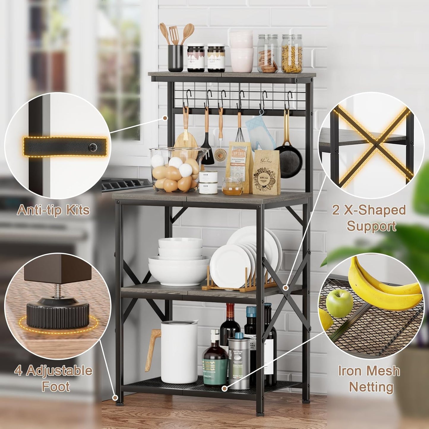 Bakers Rack, Microwave Stand with Storage 4 Tiers, Coffee Bar Station with 6 S Hooks and Pegboard