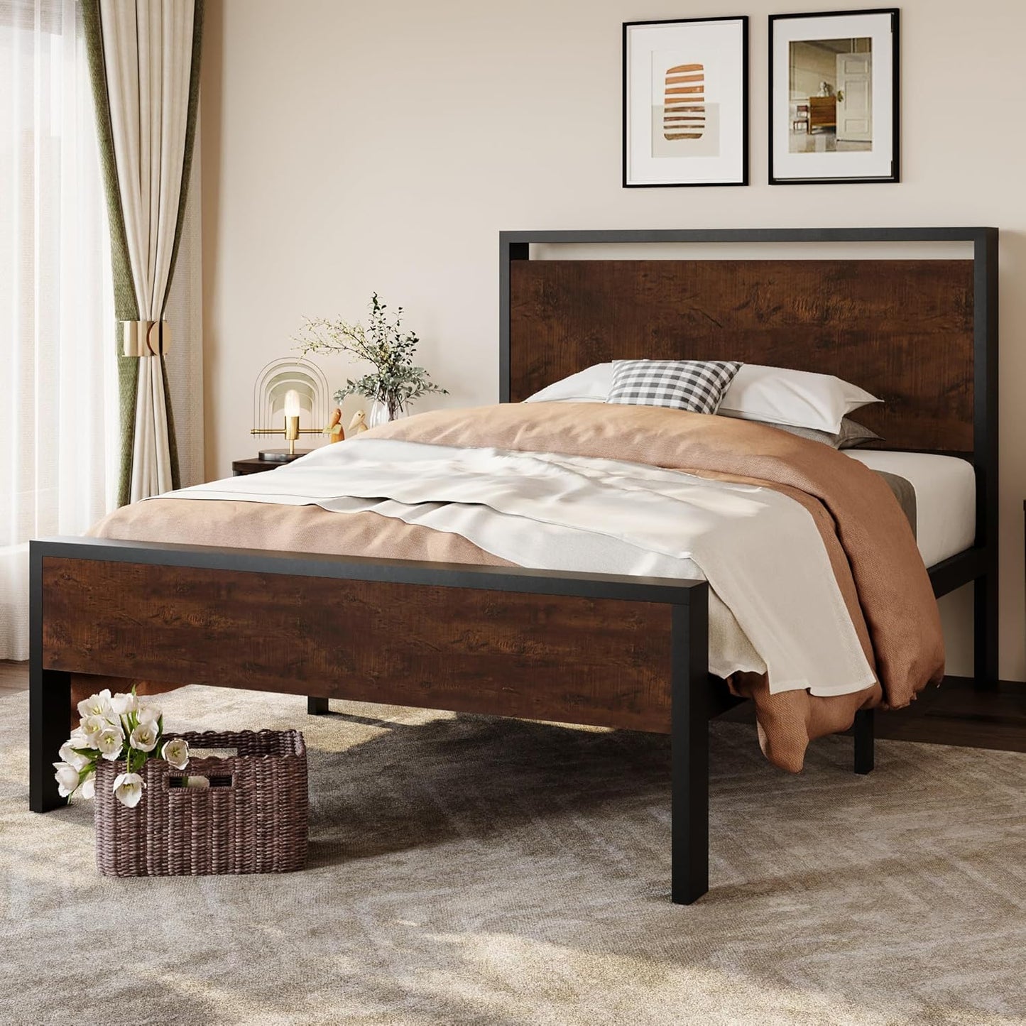Twin Size Metal Platform Bed Frame with Wooden Headboard and Footboard, Mattress Foundation, No Box Spring Needed