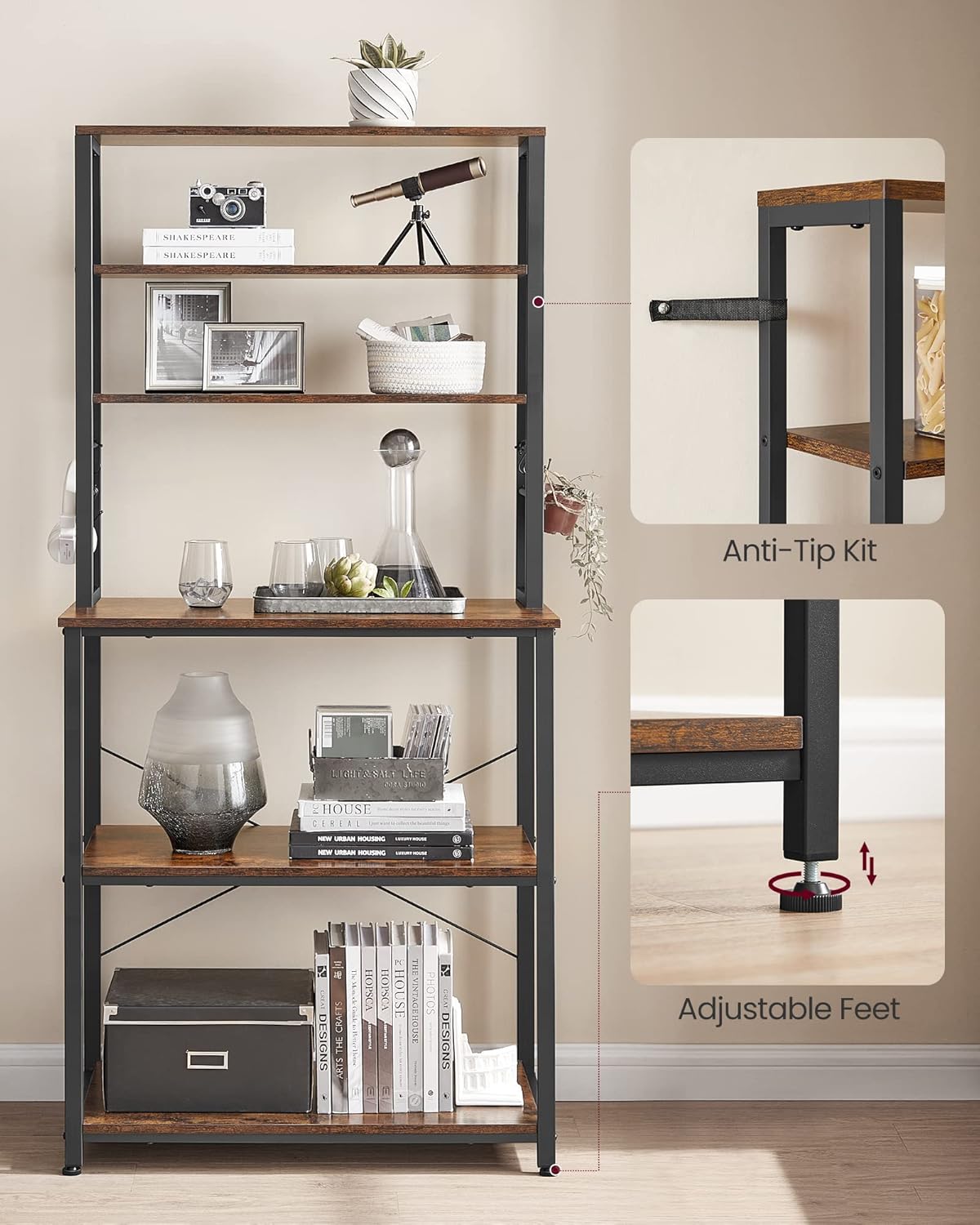 Coffee Bar, 31.5 Inches Baker's Rack for Kitchen with Storage, 6-Tier Kitchen Shelves with 6 Hooks, Microwave Stand