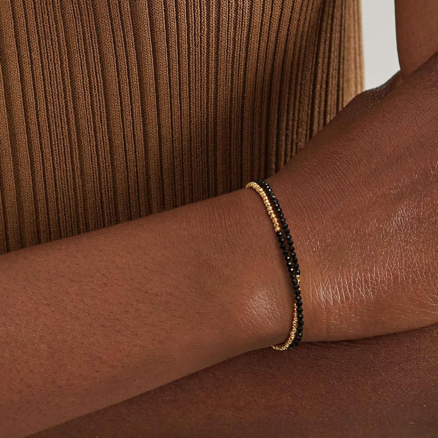 Women Beaded Bracelet Gold Double Layer Gemstone 14K Simple Dainty Handmade Chain Everyday Boho Beach Jewelry