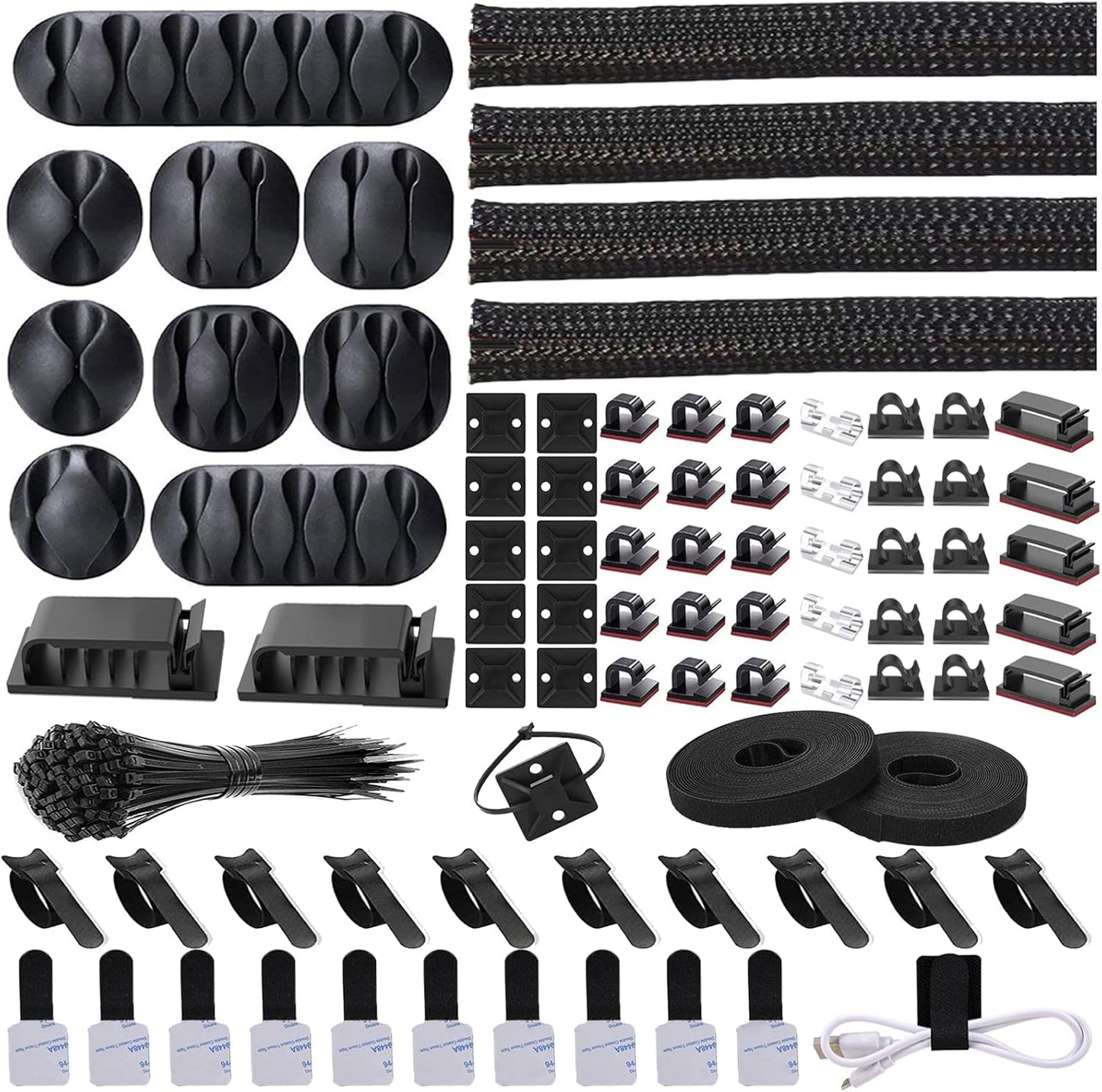 OMOMMD  Cord Management Organizer Kit 4 Cable Sleeve split with 41Self Adhesive Cable Clips Holder, 10pcs and 2 Roll Self Adhesive tie and 100 Fastening Cable Ties for TV Office Car Desk Home