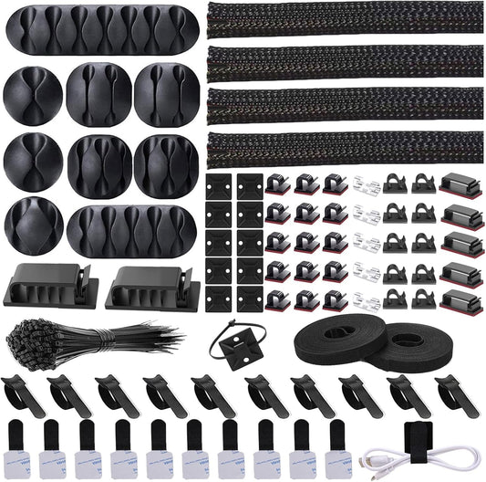 OMOMMD  Cord Management Organizer Kit 4 Cable Sleeve split with 41Self Adhesive Cable Clips Holder, 10pcs and 2 Roll Self Adhesive tie and 100 Fastening Cable Ties for TV Office Car Desk Home