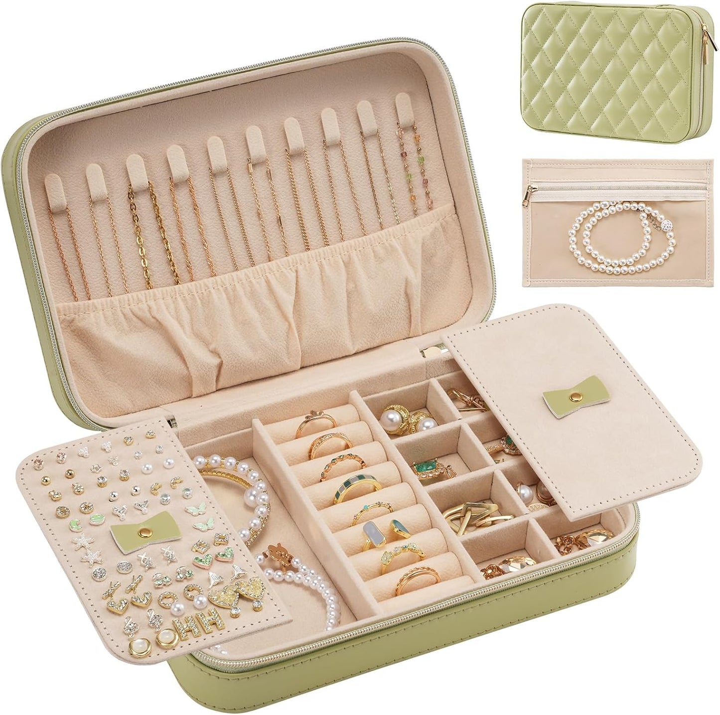 Travel Jewelry Organizer Box with Mirror & Clear Storage Bag, Small Portable Traveling Earring Necklace Bracelet Ring Case
