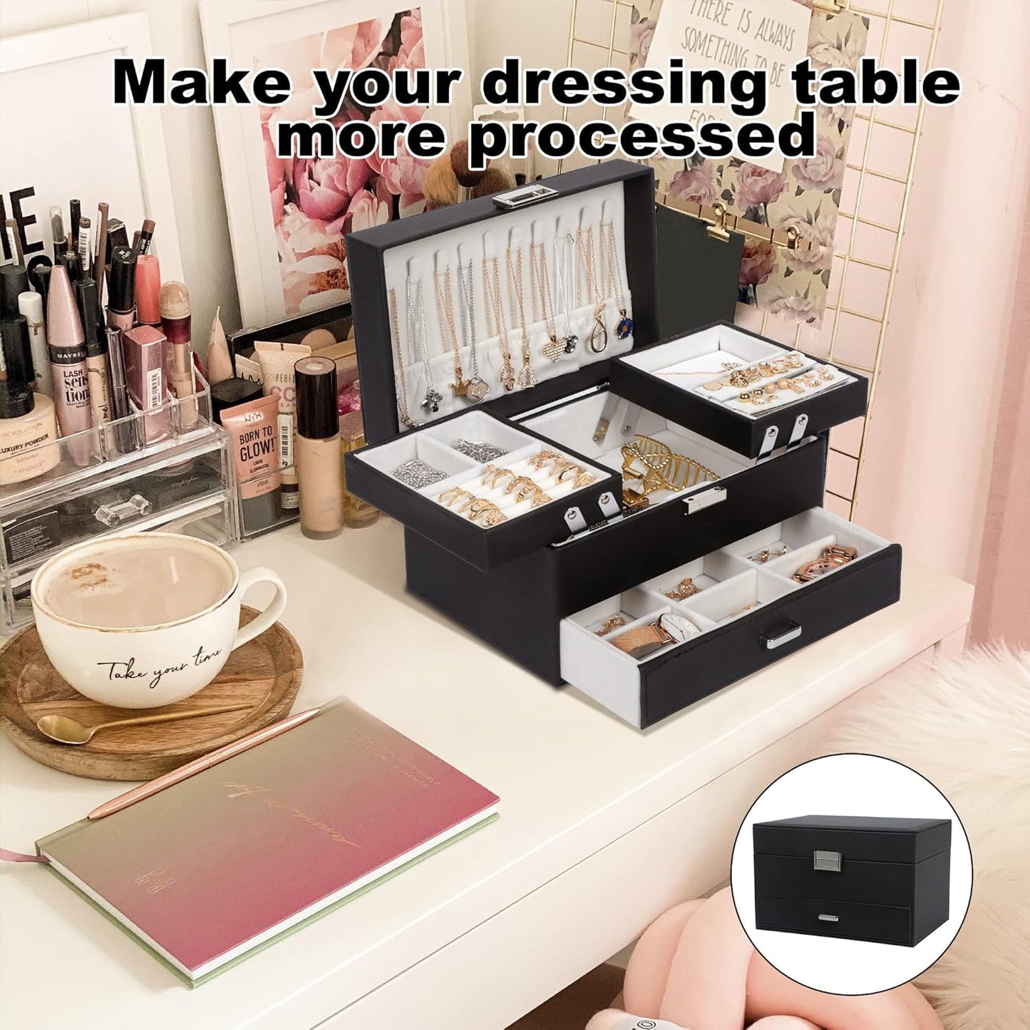 Jewelry Boxes for Women Girls, 3 Layers Jewelry Storage Organizer for Earring, Ring, Necklace, Bracelets