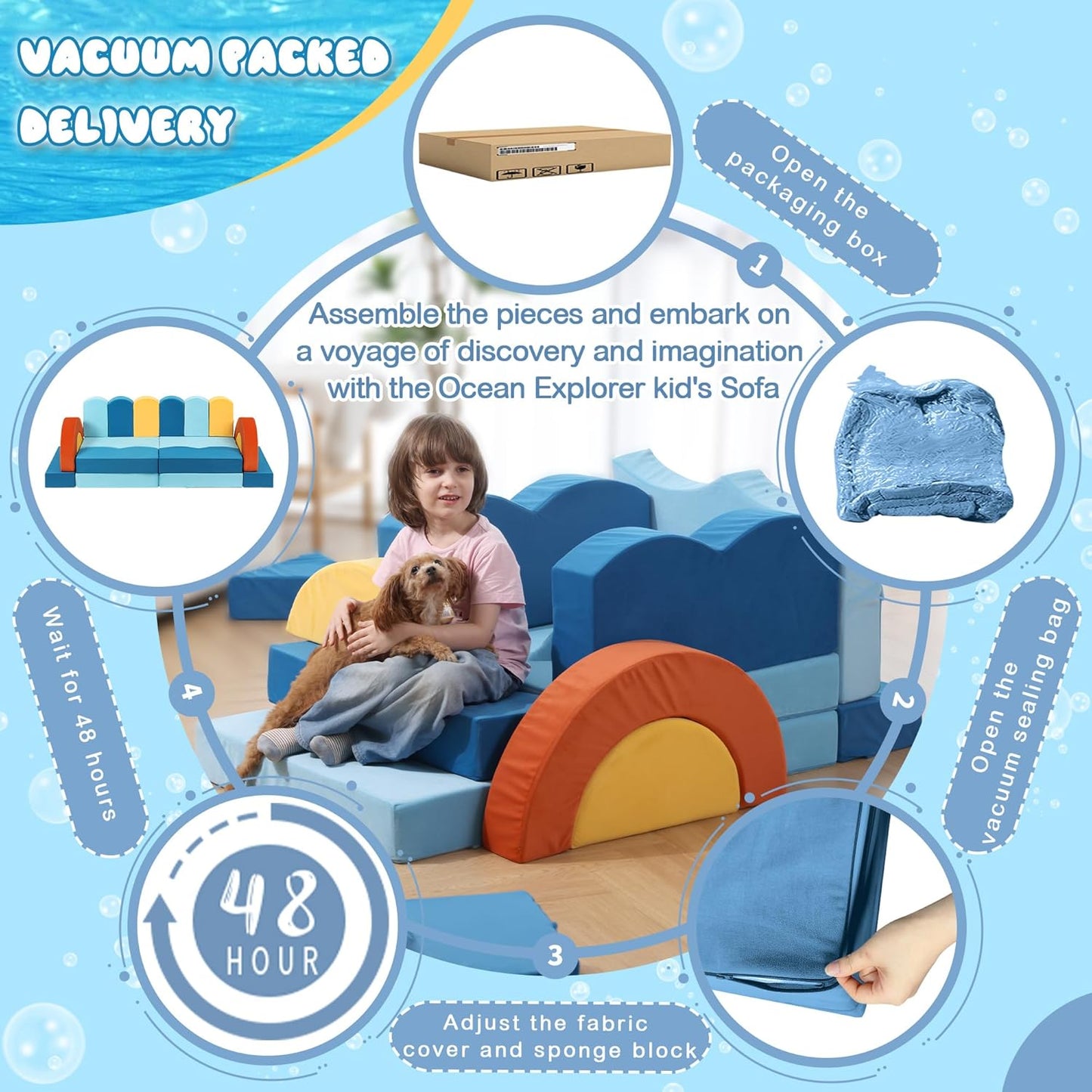 22Pcs Modular Kids Sectional Sofas for Toddler - Kids Sofa Bed for Playroom, Convertible Furniture Ocean Theme