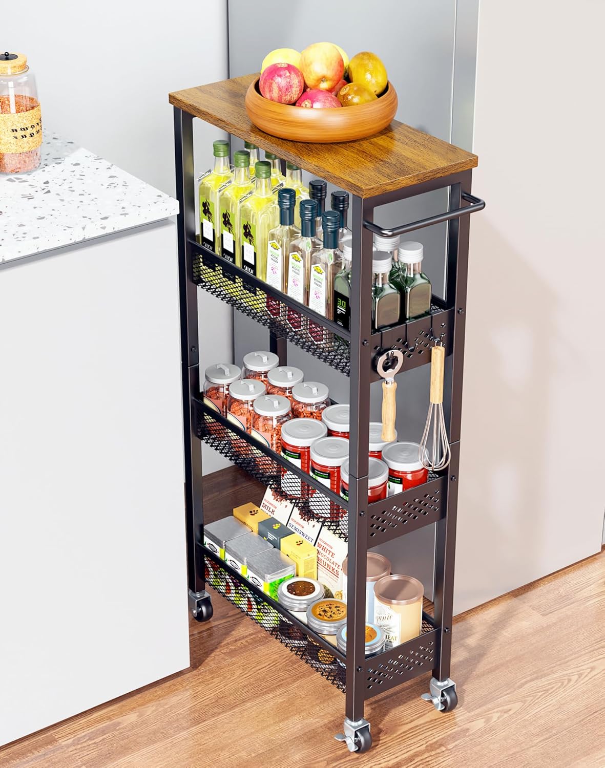 Utility Slim Storage Cart, 4 Tier Small Rolling  Cart with Wood Top, Metal Narrow Bathroom