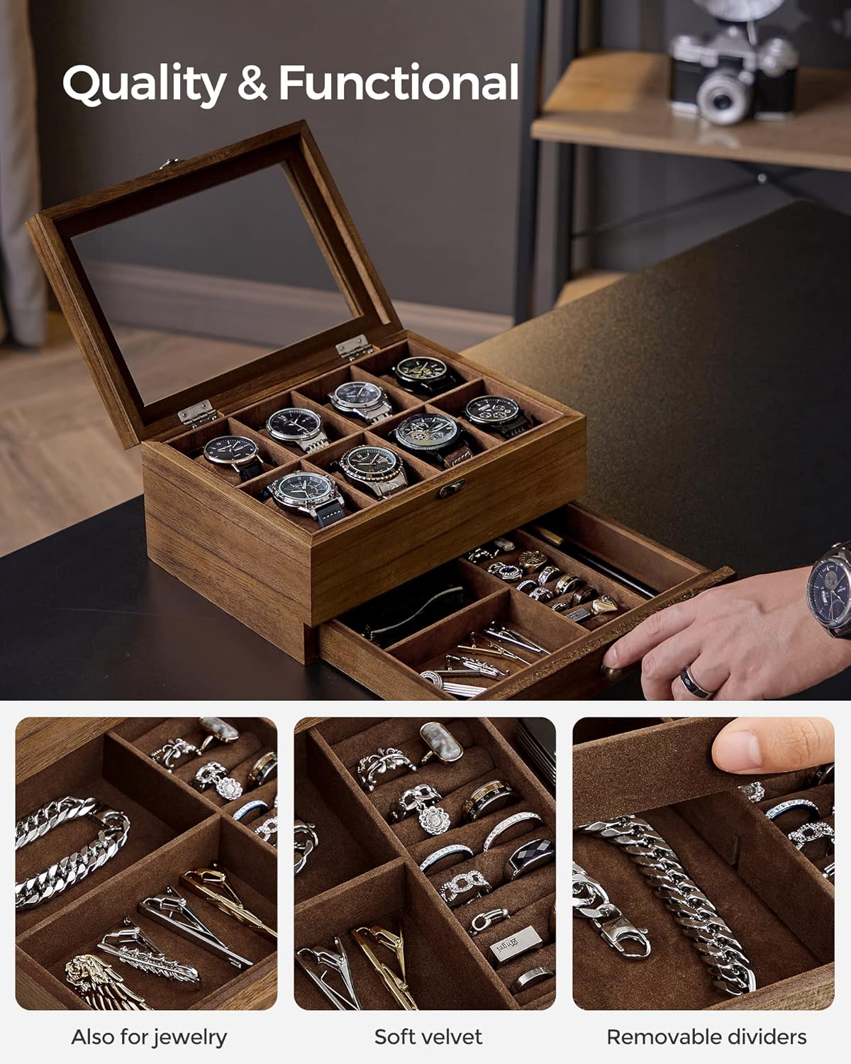 8-Slot Watch Box, 2-Tier Watch Display Case with Large Glass Lid, Removable Watch Pillows