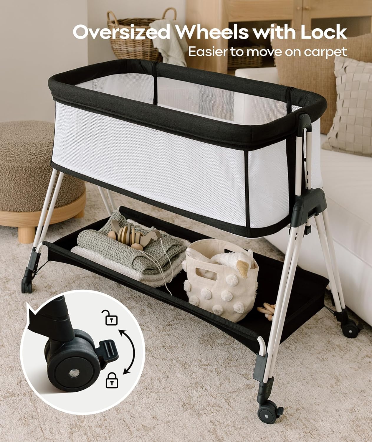 Bassinet Bedside Sleeper with Wheels and Storage Tray,4-Sided Mesh  Easy Folding Bedside Crib