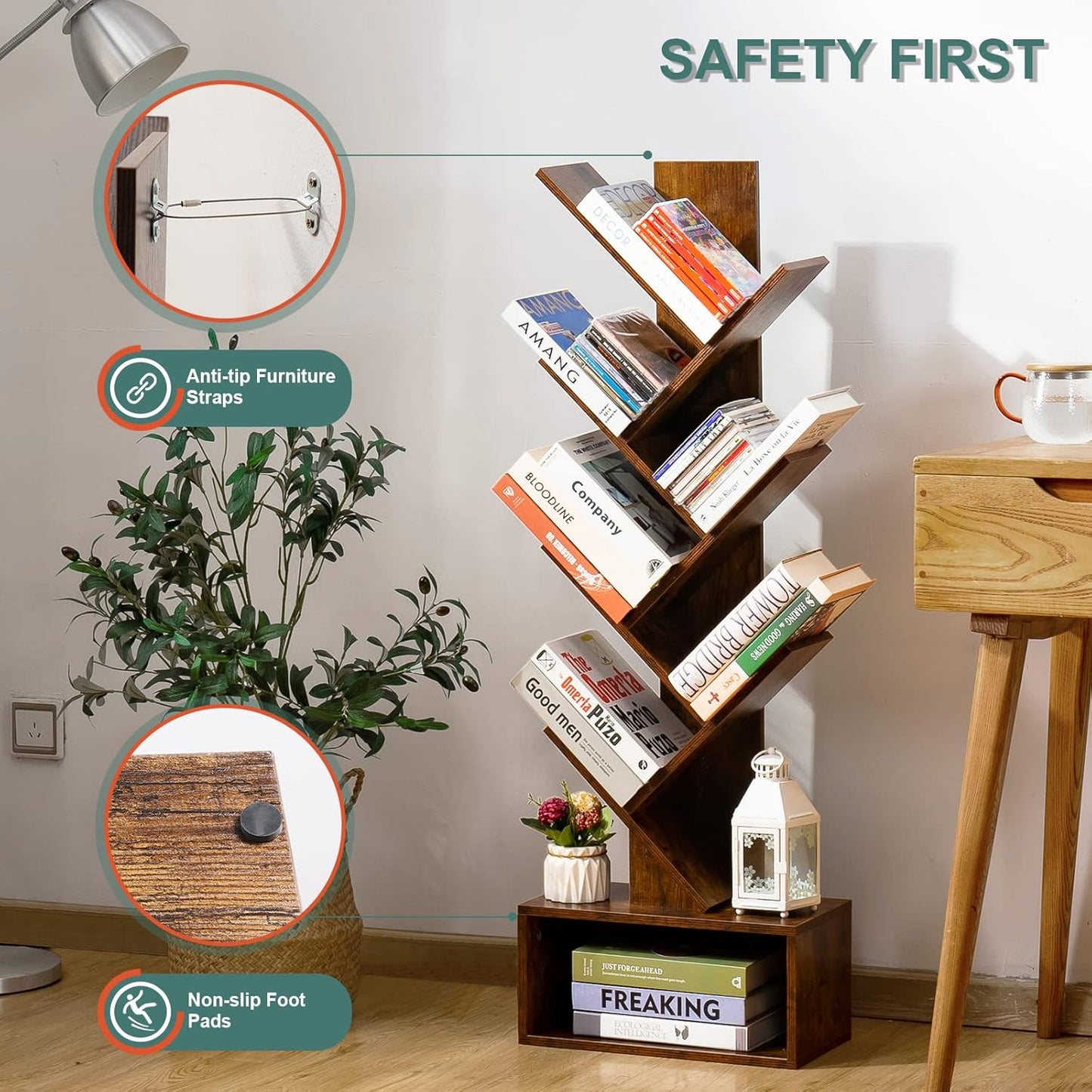 Tree Bookshelf - 6 Shelf Retro Floor Standing Bookcase,  Utility Book Organizer Shelves