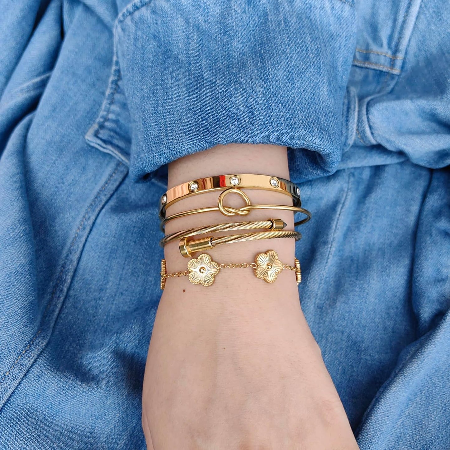 Womens 4Pcs Stackable Floral Gold Bracelets Stainless Steel Bangle Bracelets Non Tarnish Silver Set