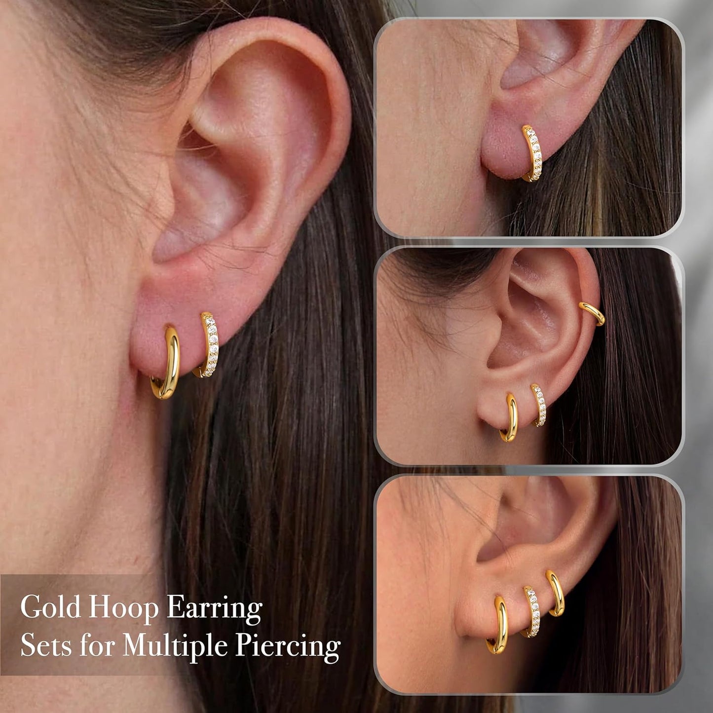 Small Gold Huggie Hoop Earrings Set for Women Men Hypoallergenic 14K Plated Stack Cartilage Earrings, Multiple Piercing