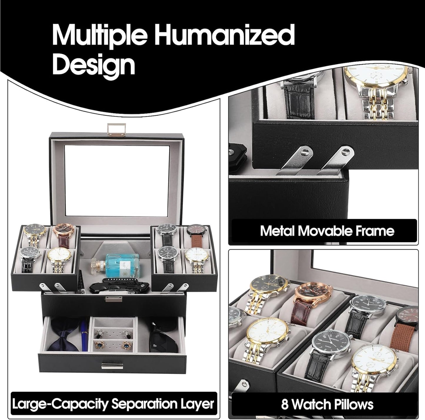 Watch Case for Men, 8 Slot Watch Display Case, 3 Layers Large Sunglass Storage Organize