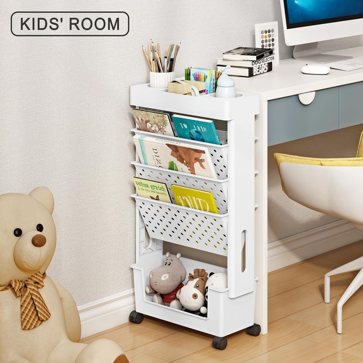 5-Tier Mobile Bookshelf, Rolling Bookcase Book Storage Rack, Movable File Folder Organizer Cart