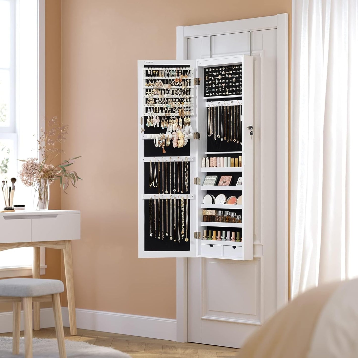 6 LEDs Mirror Jewelry Cabinet, Tall Lockable Wall or Door Mounted Jewelry Armoire Organizer