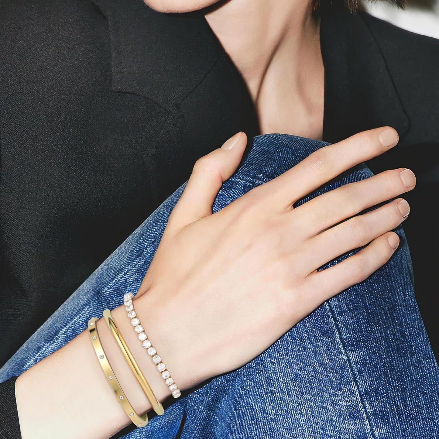 Yowivon Dainty 14K Gold Plated Bracelets for Women, Adjustable Slider Cuff Bangle Bracelets, Gold Curved Bar Hammered Bangle