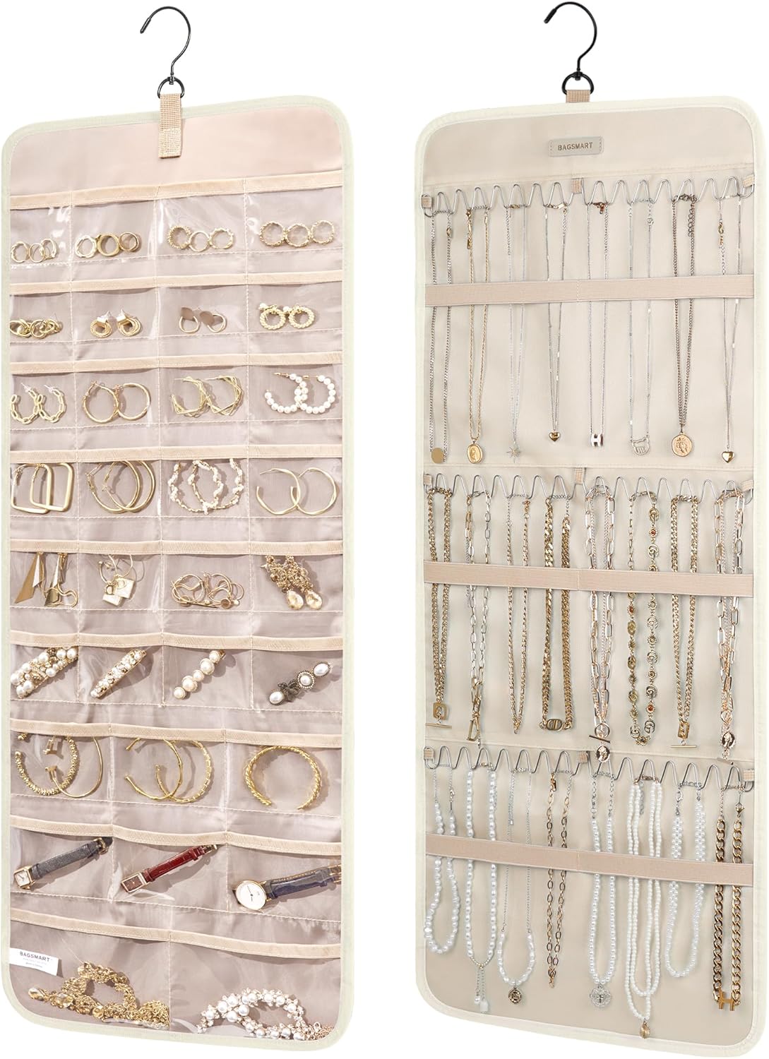 Jewelry Organizer Storage Roll with Hanger Metal Hooks Double, Necklaces, Rings on Closet, Wall, Door
