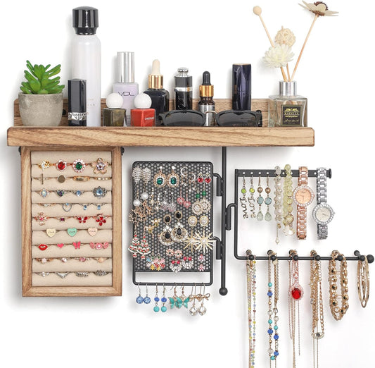 Hanging Jewelry Organizer Wall Mount with Rustic Wood Shelf, Ring Display Box, Rotating Necklace Holder Organizer