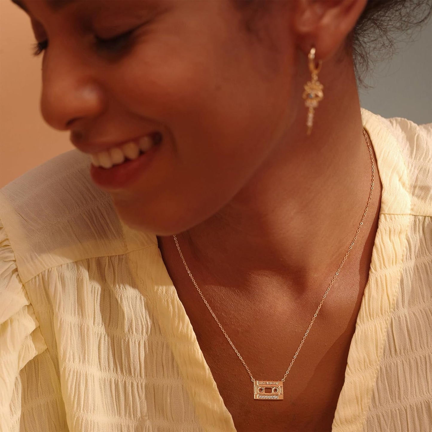 14K Gold Cassette Pendant Necklace - Handmade Minimalist Choker, Unique Gift for Women
