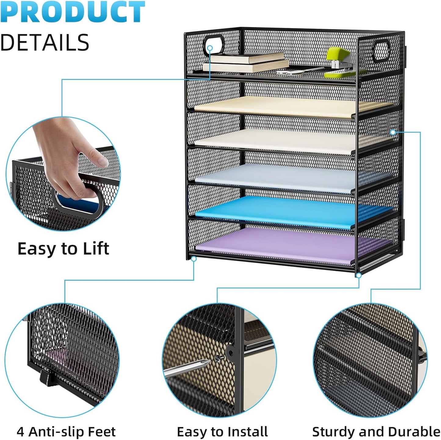 6 Tier Paper Organizer Letter Tray - Mesh Desk File Organizer with Handle