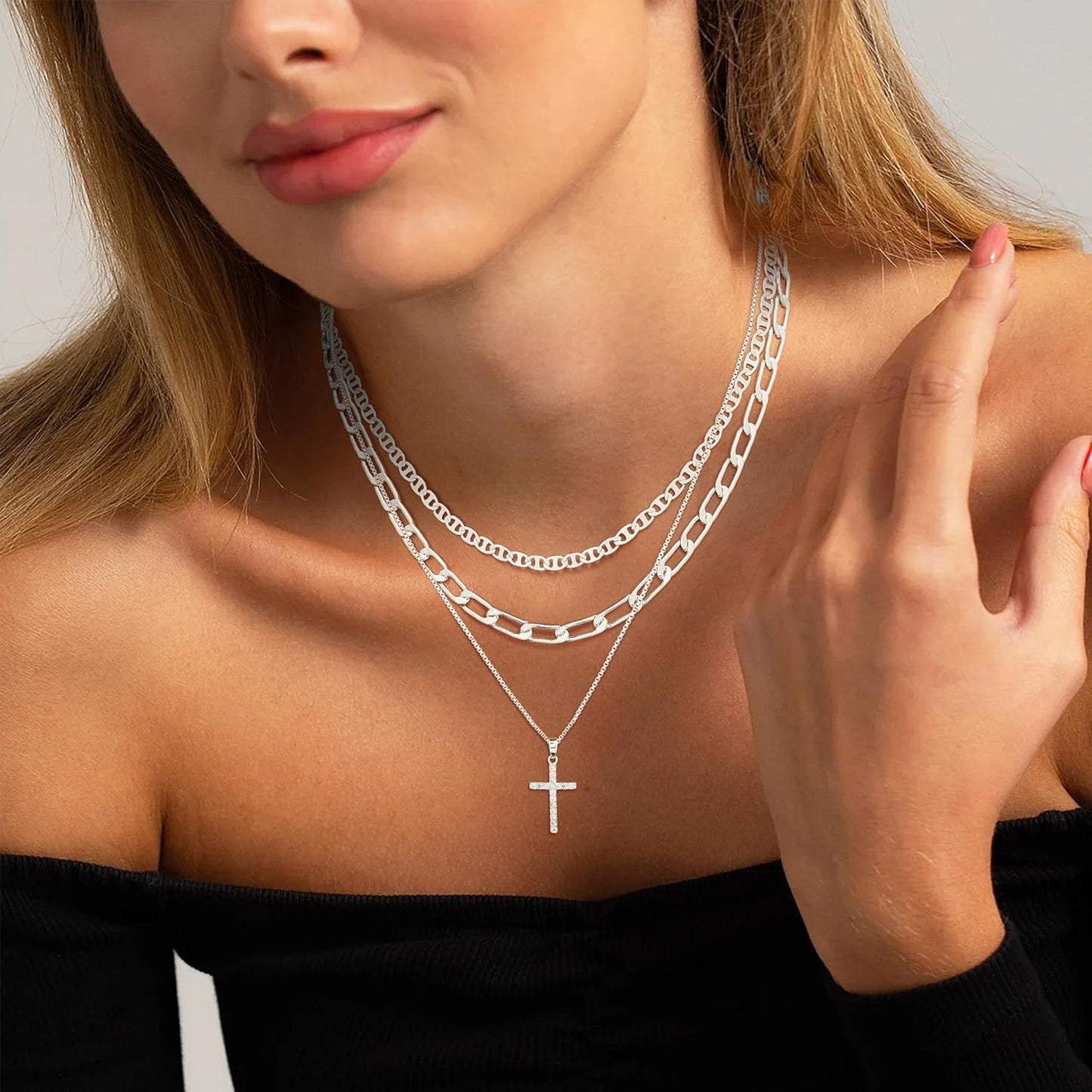 14K Gold/Silver Plated Layered Necklace Set - Cross/Coin/Pearl/Herringbone Stackable Gift