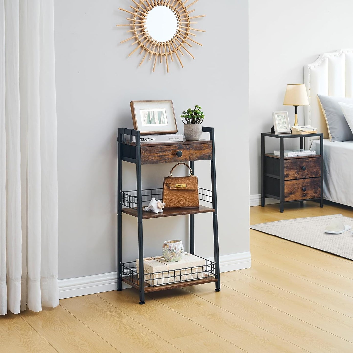 3-Tier Bathroom Ladder Shelf with Drawer, Bathroom Stand Floor Storage Shelf